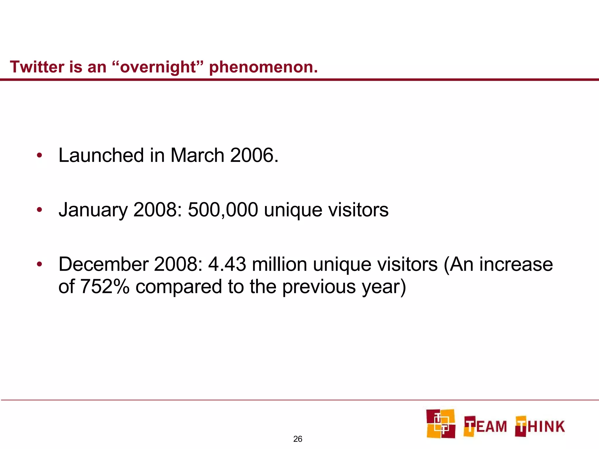 Twitter is an “overnight” phenomenon. Launched in March 2006. January 2008: 500,000 unique visitors December 2008: 4.43 million unique visitors (An increase of 752% compared to the previous year) 