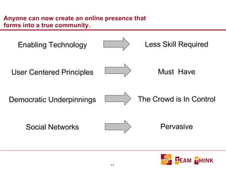 Anyone can now create an online presence that forms into a true community.  Enabling Technology User Centered Principles Democratic Underpinnings Social Networks Less Skill Required Must  Have The Crowd is In Control Pervasive 