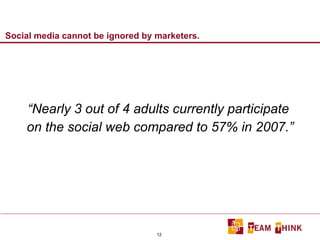 Social media cannot be ignored by marketers. “ Nearly 3 out of 4 adults currently participate  on the social web compared to 57% in 2007.” 