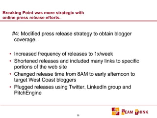 Breaking Point was more strategic with online press release efforts. #4: Modified press release strategy to obtain blogger coverage. Increased frequency of releases to 1x/week Shortened releases and included many links to specific portions of the web site Changed release time from 8AM to early afternoon to target West Coast bloggers Plugged releases using Twitter, LinkedIn group and PitchEngine 