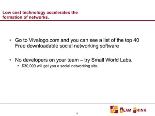 Low cost technology accelerates the formation of networks.  Go to Vivalogo.com and you can see a list of the top 40 Free downloadable social networking software No developers on your team – try Small World Labs. $30,000 will get you a social networking site.  