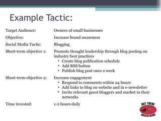 Example Tactic: <ul><li>Target Audience: Owners of small businesses </li></ul><ul><li>Objective:  Increase brand awareness...
