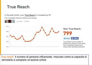 True Reach




True reach: il numero di persone influenzate, misurato come la capacità di
stimolarle a compiere un’azione online
 