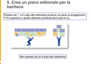 5. Crea un piano editoriale per la
  bacheca
Postare da 1 a 4 volte alla settimana produce un tasso di engagement
71% superiore a quello ottenuto postando da 5 post in su




             Non postare più di 4 post alla settimana
 