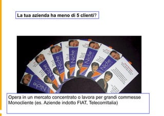 La tua azienda ha meno di 5 clienti?




Opera in un mercato concentrato o lavora per grandi commesse
Monocliente (es. Aziende indotto FIAT, TelecomItalia)
 