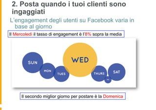 2. Posta quando i tuoi clienti sono
 ingaggiati
L’engagement degli utenti su Facebook varia in
  base al giorno
Il Mercoledì il tasso di engagement è l’8% sopra la media




      Il secondo miglior giorno per postare è la Domenica
 