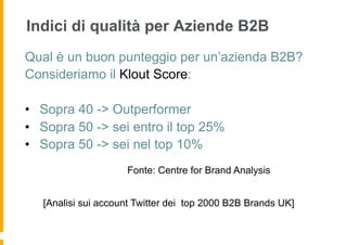 Indici di qualità per Aziende B2B
Qual è un buon punteggio per un’azienda B2B?
Consideriamo il Klout Score:

•  Sopra 40 -> Outperformer
•  Sopra 50 -> sei entro il top 25%
•  Sopra 50 -> sei nel top 10%
                     Fonte: Centre for Brand Analysis


   [Analisi sui account Twitter dei top 2000 B2B Brands UK]
 