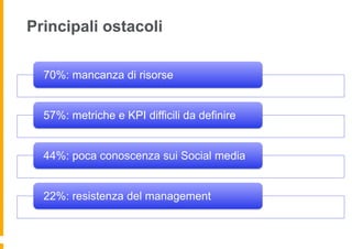 Principali ostacoli

  70%: mancanza di risorse


  57%: metriche e KPI difficili da definire


  44%: poca conoscenza sui Social media


  22%: resistenza del management
 
