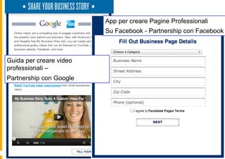 App per creare Pagine Professionali
                         Su Facebook - Partnership con Facebook



Guida per creare video
professionali –
Partnership con Google
 