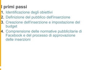 I primi passi
1.  Identificazione degli obiettivi
2.  Definizione del pubblico dell'inserzione
3.  Creazione dell'inserzione e impostazione del
    budget
4.  Comprensione delle normative pubblicitarie di
    Facebook e del processo di approvazione
    delle inserzioni
 