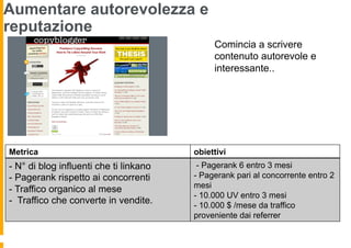 Aumentare autorevolezza e
reputazione
                                             Comincia a scrivere
                                             contenuto autorevole e
                                             interessante..




Metrica                                 obiettivi
- N° di blog influenti che ti linkano    - Pagerank 6 entro 3 mesi
-  Pagerank rispetto ai concorrenti     - Pagerank pari al concorrente entro 2
-  Traffico organico al mese            mesi
                                        - 10.000 UV entro 3 mesi
-  Traffico che converte in vendite.
   - 10.000 $ /mese da traffico
                                        proveniente dai referrer
 