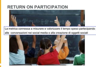 RETURN ON PARTICIPATION



La metrica connessa a misurare e valorizzare il tempo speso partecipando
alle conversazioni nei social media o alla creazione di oggetti sociali
 