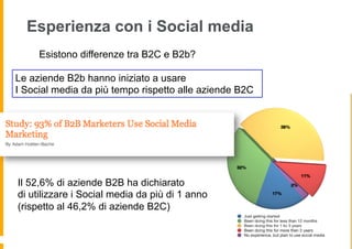 Esperienza con i Social media
     Esistono differenze tra B2C e B2b?

Le aziende B2b hanno iniziato a usare
I Social media da più tempo rispetto alle aziende B2C




Il 52,6% di aziende B2B ha dichiarato
di utilizzare i Social media da più di 1 anno
(rispetto al 46,2% di aziende B2C)
 