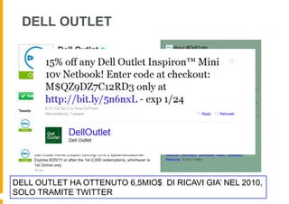 DELL OUTLET




DELL OUTLET HA OTTENUTO 6,5MIO$ DI RICAVI GIA’ NEL 2010,
SOLO TRAMITE TWITTER
 