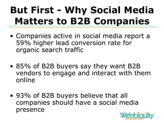 But First - Why Social Media Matters to B2B Companies Companies active in social media report a 59% higher lead conversion rate for organic search traffic 85% of B2B buyers say they want B2B vendors to engage and interact with them online 93% of B2B buyers believe that all companies should have a social media presence 