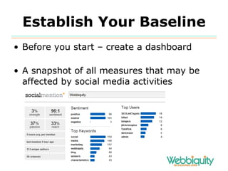 Establish Your Baseline Before you start – create a dashboard A snapshot of all measures that may be affected by social media activities 