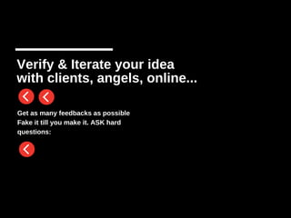 Verify & Iterate your idea
with clients, angels, online...
Get as many feedbacks as possible
Fake it till you make it. ASK hard
questions:
 