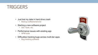 • Just lost my data in hard drive crash
• Backup software/service
• Starting a new software project
• Dev Tools, etc.
• Performance issues with existing app
• APM tools
• Difficulties tracking bugs across multi-tier apps
• Bug tracking software
TRIGGERS
 