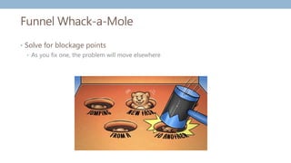 Funnel Whack-a-Mole
• Solve for blockage points
• As you fix one, the problem will move elsewhere
 