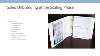 Sales Onboarding at the Scaling Phase
• Section Titles
• Company Information
• Case Study & Stats
• Our Products
• Market Landscape
• Battlecards
• Account Executive Role
• MEDDIC Sales Methodolgy
• Customer Success
• Business Development Rep
 