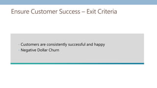 Ensure Customer Success – Exit Criteria
• Customers are consistently successful and happy
• Negative Dollar Churn
 