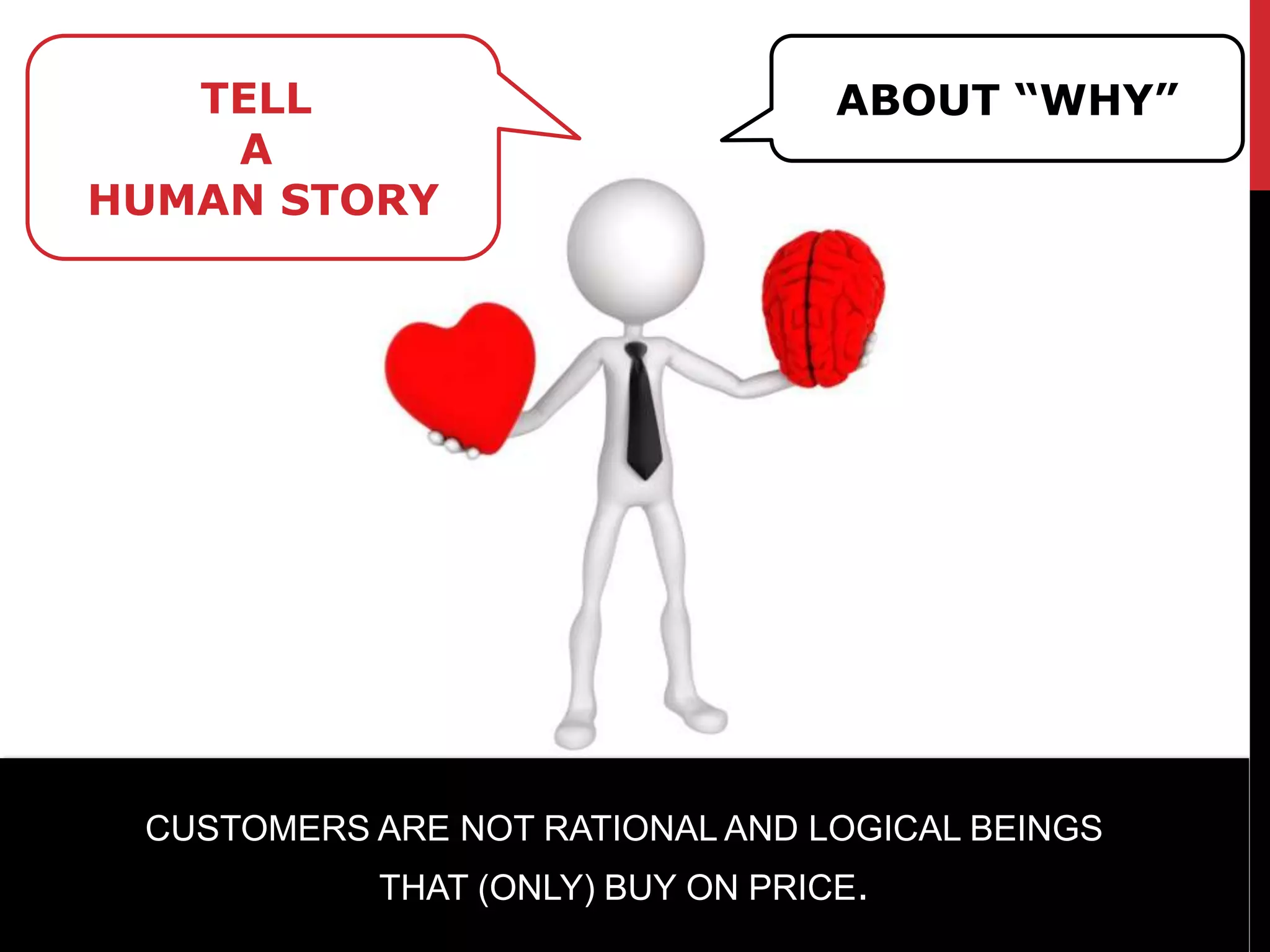 TELL                           ABOUT “WHY”
    A
HUMAN STORY




 CUSTOMERS ARE NOT RATIONAL AND LOGICAL BEINGS
           THAT (ONLY) BUY ON PRICE.
 