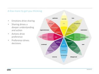 A few more to get you thinking


•   Emotions drive sharing
•   Sharing drives a
    deeper understanding
    and action
•   Actions drive
    preference
•   Preference drives
    decisions
 