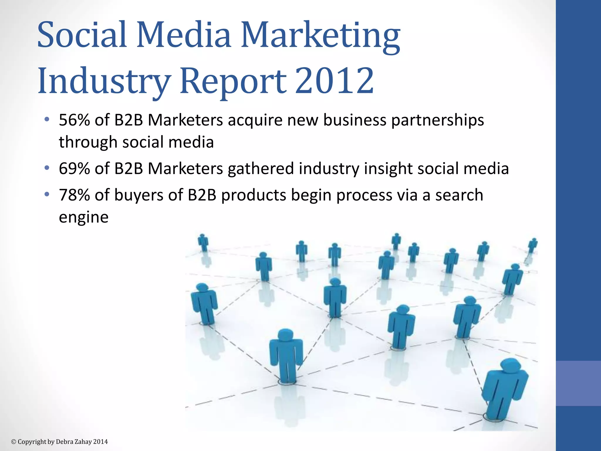 Social Media Marketing 
Industry Report 2012 
• 56% of B2B Marketers acquire new business partnerships 
through social media 
• 69% of B2B Marketers gathered industry insight social media 
• 78% of buyers of B2B products begin process via a search 
engine 
 Copyright by Debra Zahay 2014 
 