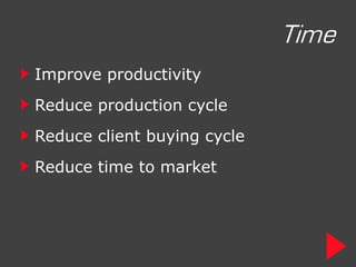 Time
Improve productivity
Reduce production cycle
Reduce client buying cycle
Reduce time to market
 