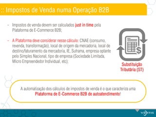 :: Impostos de Venda numa Operação B2B
- Impostos de venda devem ser calculados just in time pela
Plataforma de E-Commerce B2B;
- A Plataforma deve considerar nesse cálculo: CNAE (consumo,
revenda, transformação), local de origem da mercadoria, local de
destino/faturamento da mercadoria, IE, Suframa, empresa optante
pelo Simples Nacional, tipo de empresa (Sociedade Limitada,
Micro Empreendedor Individual, etc);

Substituição
Tributária (ST)

A automatização dos cálculos de impostos de venda é o que caracteriza uma
Plataforma de E-Commerce B2B de autoatendimento!

 