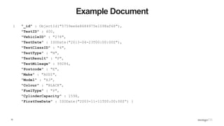 10
Example Document
{ "_id" : ObjectId("5759ee6e8684975e1098af68"),
"TestID" : 400,
"VehicleID" : "278",
"TestDate" : ISODate("2013-04-23T00:00:00Z"),
"TestClassID" : "4",
"TestType" : "N",
"TestResult" : "P",
"TestMileage" : 99284,
"Postcode" : "E",
"Make" : "AUDI",
"Model" : "A3",
"Colour" : "BLACK",
"FuelType" : "P",
"CylinderCapacity" : 1598,
"FirstUseDate" : ISODate("2003-11-11T00:00:00Z“) }
 