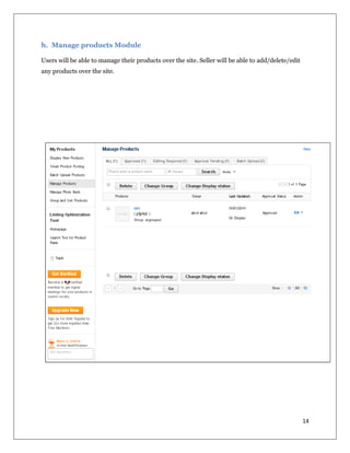14
h. Manage products Module
Users will be able to manage their products over the site. Seller will be able to add/delete/edit
any products over the site.
 