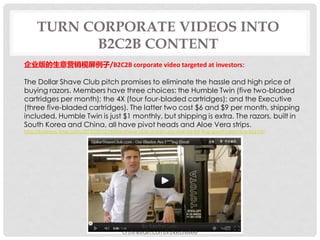 TURN CORPORATE VIDEOS INTO
           B2C2B CONTENT
企业版的生意营销视屏例子/B2C2B corporate video targeted at investors:

The Dollar ...