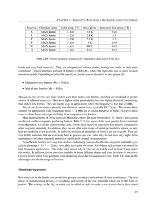 CHAPTER 2. MAGNETIC MATERIALS OVERVIEW AND COMPARISON
Material Chemical comp. Curie temp. [◦C] Initial perm. Saturation ﬂux density [T]
K MnZn ferrite > 230 1.5 K 0.48
R MnZn ferrite > 230 2.3 K 0.5
P MnZn ferrite > 230 2.5 K 0.5
F MnZn ferrite > 250 5 K 0.49
W MnZn ferrite > 125 10 K 0.43
H MnZn ferrite > 125 15 K 0.43
Table 2.10: Ferrite materials produced by Magnetics (data taken from [2]).
brittle and very hard materials. They are composed of various oxides, having iron oxide as their main
constituent. General chemical formula of ferrites is MeFe2O3, where Me represents one or more divalent
transition metals. Depending of what Me actually is, ferrites can be classiﬁed in two groups [2]:
• Manganese-zinc ferrites (Me = MnZn)
• Nickel-zinc ferrites (Me = NiZn)
Manganese-zinc ferrites are more widely used than nickel-zinc ferrites, and they are produced in greater
variety of different materials. They have higher initial permeability, but also higher electrical conductivity
than nickel-zinc ferrites. They are mainly used in applications where the frequency is less than 2 MHz.
Nickel-zinc ferrites have extremely low electrical conductivity (typically 10−5 S/m) . This makes them
suitable for applications with frequencies from 1 – 2 MHz up to several hundreds of MHz. However, these
materials have lower initial permeability than manganese-zinc ferrites.
Main manufacturers of ferrite cores are Magnetics, Epcos [16] and Feroxcube [17]. There is also a great
number of smaller companies producing ferrites. Table 2.10 lists some of the most popular ferrite materials
from Magnetics. As can be seen from the table, ferrites have quite low saturation ﬂux density compared to
other magnetic materials. In addition, they do not offer wide range of initial permeability values, as very
high permeability is not available. In addition, mechanical properties of ferrites are not so good. They are
very brittle materials that are extremely hard to process and cut. Also they do not have very high Currie
temperatures and their magnetic properties signiﬁcantly depend on temperature.
Nevertheless, ferrites have very low electric conductivity compared to all other magnetic materials (typi-
cally in the range 1·10−5 −1 S/m). Also, they have quite low loses. All of these makes them well suited for
high frequency applications. This is the main reason why ferrites are so widely used in modern day power
electronics. In addition, ferrite cores are available in many different shapes and sizes at relatively low price.
Ferrites do not suffer from problems with producing noise due to magnetostriction. Table 2.11 lists all the
advantages and disadvantages of ferrites.
Manufacturing process
Raw materials in the ferrite core production process are oxides and carbons of main constituents. The ﬁrst
phase in manufacturing process is weighting and mixing of the raw materials which are in the form of
powder. The mixing can be dry, or water can be added in order to make a slurry mass that is then mixed
19
 