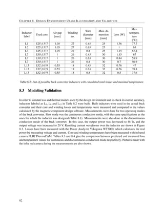 CHAPTER 8. DESIGN ENVIRONMENT USAGE ILLUSTRATION AND VALIDATION
Inductor
label
Used core
Air gap
[mm]
Winding
no.
Wire
diameter
[mm]
Max. di-
mension
[mm]
Loss [W]
Max.
tempera-
ture
[◦C]
L1 E25137 1.05 27 0.45 25 1.36 77.7
L2 E25137 1.05 27 0.63 25 1 65
L3 E25137 1.05 27 0.8 25 1.15 67.4
L7 E30157 1 26 0.45 30 1.15 67
L7 E30157 1 26 0.63 30 0.84 58.9
L7 E30157 1 26 0.8 30 0.7 50.9
L13 E32169 0.55 18 0.45 32 0.76 47
L13 E32169 0.55 18 0.63 32 0.56 39.8
L13 E32169 0.55 18 0.8 32 0.5 37.6
Table 8.2: List of possible buck converter inductors with calculated total losses and maximal temperature.
8.3 Modeling Validation
In order to validate loss and thermal models used by the design environment and to check its overall accuracy,
inductors labeled as L3, L8 and L15 in Table 8.2 were built. Built inductors were used in the actual buck
converter and their core and winding losses and temperatures were measured and compared to the values
calculated by the magnetic component design software. Measurements were done for two operating modes
of the buck converter. First mode was the continuous conduction mode, with the same speciﬁcations as the
ones for which the inductor was designed (Table 8.1). Measurements were also done in the discontinuous
conduction mode of the buck converter. In this case, the output power was decreased to 48 W, and the
output voltage was increased to 20 V. Resulting current waveforms over the inductor are shown in Figure
8.3. Losses have been measured with the Power Analyzer Yokogawa WT3000, which calculates the real
power by measuring voltage and current. Core and winding temperatures have been measured with infrared
camera FLIR ThermaCAM. Tables 8.3 and 8.4 give the comparison between predicted and measured loss
and temperature values for continuous and discontinuous conduction mode respectively. Pictures made with
the infra red camera during the measurements are also shown.
82
 