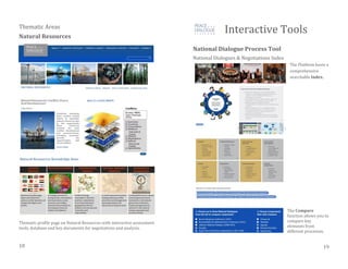 Thematic Areas
Natural Resources
Thematic profile page on Natural Resources with interactive assessment
tools, database and key documents for negotiations and analysis.
Interactive Tools
National Dialogue Process Tool
National Dialogues & Negotiations Index
The Platform hosts a
comprehensive
searchable Index.
The Compare
function allows you to
compare key
elements from
different processes.
18 19
 