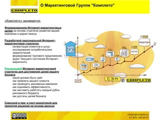 О Маркетинговой Группе "Комплето"
«Комплето» занимается:
Формированием Интернет-маркетинговых
целей на основе стратегии развития вашей
компании и маркет-микса;
Разработкой персональной Интернет-
маркетинговой стратегии;
●
сегментация клиентов и услуг,
●
исследование потребительских
предпочтений;
●
формирование торгового предложения;
●
аудит текущего состояния Интернет-
маркетинга.
Реализацией Интернет-маркетинговой
стратегии для достижения целей вашего
бизнеса
●
какой должен быть сайт
●
как привлечь вашего клиента
●
как проводить рекламные кампании
●
как оценивать эффективность
●
как заставить работать каждый рубль
рекламного бюджета
●
как достичь целей бизнеса
Сквозной и пре- и пост-аналитикой для
принятия решений на основе данных
 