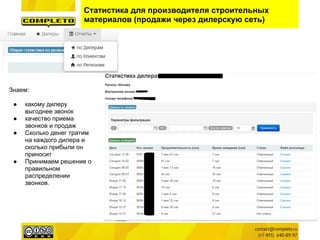 Статистика для производителя строительных
материалов (продажи через дилерскую сеть)
Знаем:
● какому дилеру
выгоднее звонок
● качество приема
звонков и продаж
● Сколько денег тратим
на каждого дилера и
сколько прибыли он
приносит
● Принимаем решение о
правильном
распределении
звонков.
 