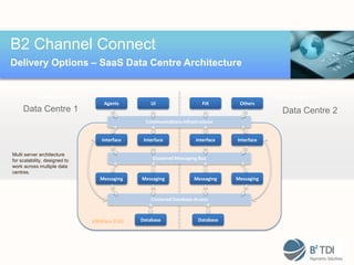 B2 Channel Connect
Delivery Options – SaaS Data Centre Architecture


            Data Centre 1                                                                    Data Centre 2
                                   Agents         UI                    FIX       Others
     Data Centre 1                                                                             Data Centre 2
                                                Communications Infrastructure


                                  Interface    Interface             Interface   Interface

Multi server architecture
for scalability, designed to                       Clustered Messaging Bus
work across multiple data
centres.
                                 Messaging    Messaging             Messaging    Messaging


                                                  Clustered Database Access



                               VMWare ESX     Database                Database
 