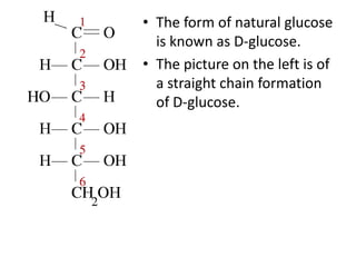 • The form of natural glucose
  is known as D-glucose.
• The picture on the left is of
  a straight chain formation
  of D-glucose.
 