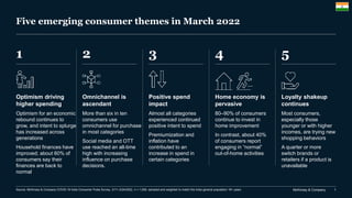 McKinsey & Company 1
Five emerging consumer themes in March 2022
1 2
Source: McKinsey & Company COVID-19 India Consumer Pulse Survey, 3/11–3/24/2022, n = 1,009, sampled and weighted to match the India general population 18+ years
5
4
3
Optimism driving
higher spending
Optimism for an economic
rebound continues to
grow, and intent to splurge
has increased across
generations
Household finances have
improved; about 60% of
consumers say their
finances are back to
normal
Omnichannel is
ascendant
More than six in ten
consumers use
omnichannel for purchase
in most categories
Social media and OTT
use reached an all-time
high with increasing
influence on purchase
decisions.
Loyalty shakeup
continues
Most consumers,
especially those
younger or with higher
incomes, are trying new
shopping behaviors
A quarter or more
switch brands or
retailers if a product is
unavailable
Home economy is
pervasive
80–90% of consumers
continue to invest in
home improvement
In contrast, about 40%
of consumers report
engaging in “normal”
out-of-home activities
Positive spend
impact
Almost all categories
experienced continued
positive intent to spend
Premiumization and
inflation have
contributed to an
increase in spend in
certain categories
 