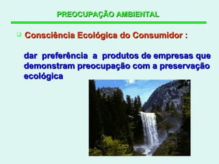 PREOCUPAÇÃO AMBIENTAL   Consciência Ecológica do Consumidor : dar  preferência  a  produtos de empresas que demonstram preocupação com a preservação ecológica 