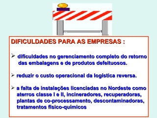 DIFICULDADES PARA AS EMPRESAS : dificuldades no gerenciamento completo do retorno das embalagens e de produtos defeituosos. reduzir o custo operacional da logística reversa. a falta de instalações licenciadas no Nordeste como aterros classe I e II, incineradores, recuperadoras, plantas de co-processamento, descontaminadoras, tratamentos físico-químicos 