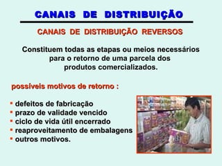 CANAIS  DE  DISTRIBUIÇÃO   CANAIS  DE  DISTRIBUIÇÃO  REVERSOS Constituem todas as etapas ou meios nece ssários para o retorno de uma parcela dos produtos comercializados. possíveis motivos de retorno : defeitos de fabricação prazo de validade vencido ciclo de vida útil encerrado reaproveitamento de embalagens outros motivos. 