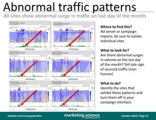 October 2018 / Page 13marketing.scienceconsulting group, inc.
linkedin.com/in/augustinefou
Abnormal traffic patterns
All sites show abnormal surge in traffic on last day of the month
Where to find this?
Ad server or campaign
reports; be sure to isolate
individual sites
What to look for?
Are there abnormal surges
in volume on the last day
of the month? Tell-tale sign
of sourced traffic (non-
human)
What to do?
Identify the sites that
exhibit these patterns and
turn them off in your
campaign interface.
 