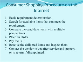 Consumer Shopping Procedure on the Internet Basic requirement determination. Search for available items that can meet the requirement. Compare the candidate items with multiple perspectives Place an Order. Pay the Bill. Receive the delivered items and inspect them. Contact the vendor to get after-service and support, or to return if disappointed. 