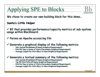Applying SPE to Blocks
We chose to create our own building block for this demo…

Santa’s Little Helper

  B2 that provides performance/capacity metrics of sub-system
usage within Blackboard.

  Parses an Apache access.log file

  Generate a graphical display of the following metrics
    –   Sub-System Breakdown (Primary Graphical Requirement)
    –   Hits Per Day in terms of Visits (Secondary Graphical Requirement)
    –   Average Length Per Visit (Nice to Have Graphical Requirement)


  Generate a textual summary of the following metrics
    –   Sub-System Breakdown (Primary Graphical Requirement)
    –   Top 50 Click Paths (Primary Graphical Requirement)
    –   Hits Per Day in terms of Visits (Secondary Graphical Requirement)
    –   Average Length Per Visit (Nice to Have Graphical Requirement)

                                     ©2004 BLACKBOARD, INC. ALL RIGHTS RESERVED.
 