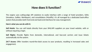 How does it function?
The engine uses cutting-edge API solutions to easily interface with a range of hotel providers, GDSs
(Amadeus, Galileo, Worldspan), and consolidators (Mystifly). It's all managed by a dedicated back-office
system that provides both front-end and back-end interfaces for easy management.
Here's what you can do with it:
Sell Hotels: You can sell hotels directly from your XML/API suppliers on your travel website, with or
without requiring a login.
Sell Flights: Provide flights from domestic, international, and low-cost carriers and issue tickets
automatically via the system.
24/7 Access: Offer travelers round-the-clock access to your products, resulting in increased sales and
engagement.
 