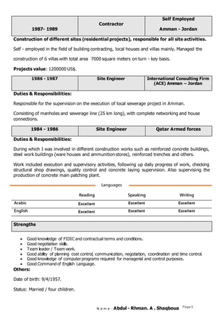N a m e : Abdul - Rhman. A . Shaqboua Page 5
Self Employed
Amman - Jordan
Contractor
1987- 1989
Construction of different sites (residential projects), responsible for all site activities.
Self - employed in the field of building contracting, local houses and villas mainly. Managed the
construction of 6 villas with total area 7000 square meters on turn - key basis.
Projects value: 1200000 US$.
International Consulting Firm
(ACE) Amman – Jordan
Site Engineer1986 - 1987
Duties & Responsibilities:
Responsible for the supervision on the execution of local sewerage project in Amman.
Consisting of manholes and sewerage line (25 km long), with complete networking and house
connections.
Qatar Armed forcesSite Engineer1984 - 1986
Duties & Responsibilities:
During which I was involved in different construction works such as reinforced concrete buildings,
steel work buildings (ware houses and ammunition stores), reinforced trenches and others.
Work included execution and supervisory activities, following up daily progress of work, checking
structural shop drawings, quality control and concrete laying supervision. Also supervising the
production of concrete main patching plant.
Languages
Strengths
 Good knowledge of FIDIC and contractual terms and conditions.
 Good negotiation skills.
 Team leader / Team work.
 Good ability of planning cost control, communication, negotiation, coordination and time control.
 Good knowledge of computer programs required for managerial and control purposes.
 Good Command of English Language.
Others:
Date of birth: 9/4/1957.
Status: Married / four children.
Reading Speaking Writing
Arabic Excellent Excellent Excellent
English Excellent Excellent Excellent
 