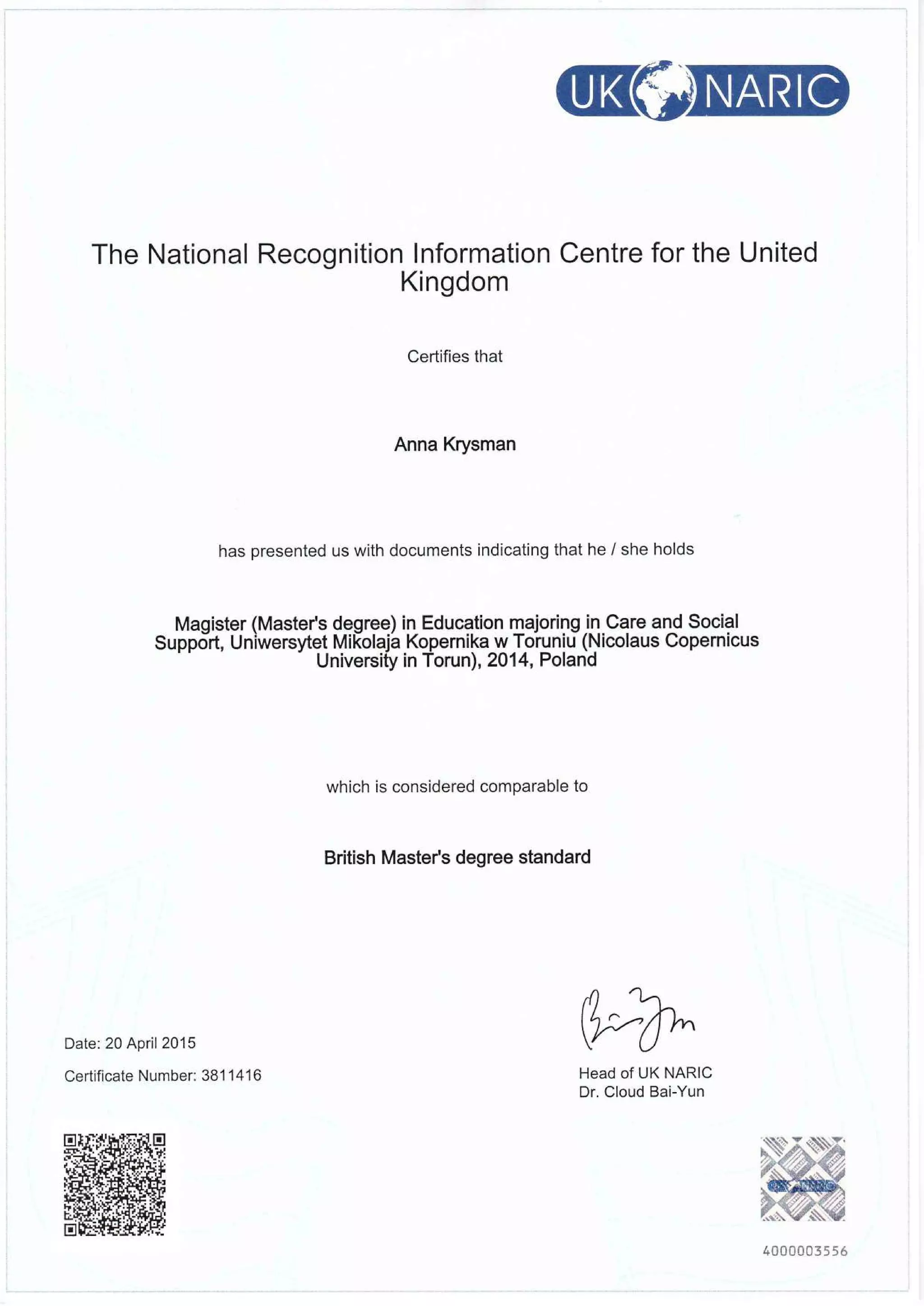 NARIC Master's degree certificate (2) | PDF